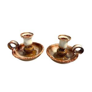 Vtg Dryden Original Pottery Pair of Candlesticks Brown Tan 3.75" Tall